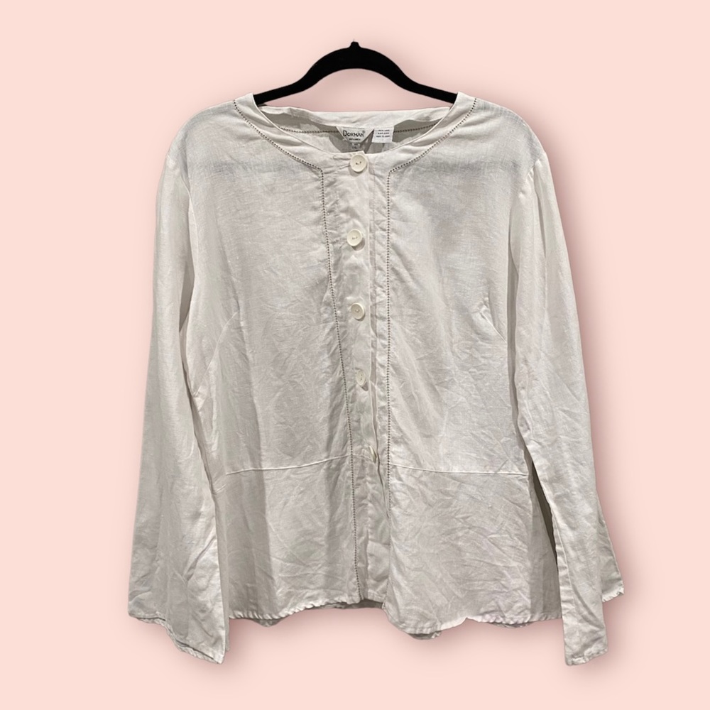 Dorman 100% Linen Button Down Top White Large